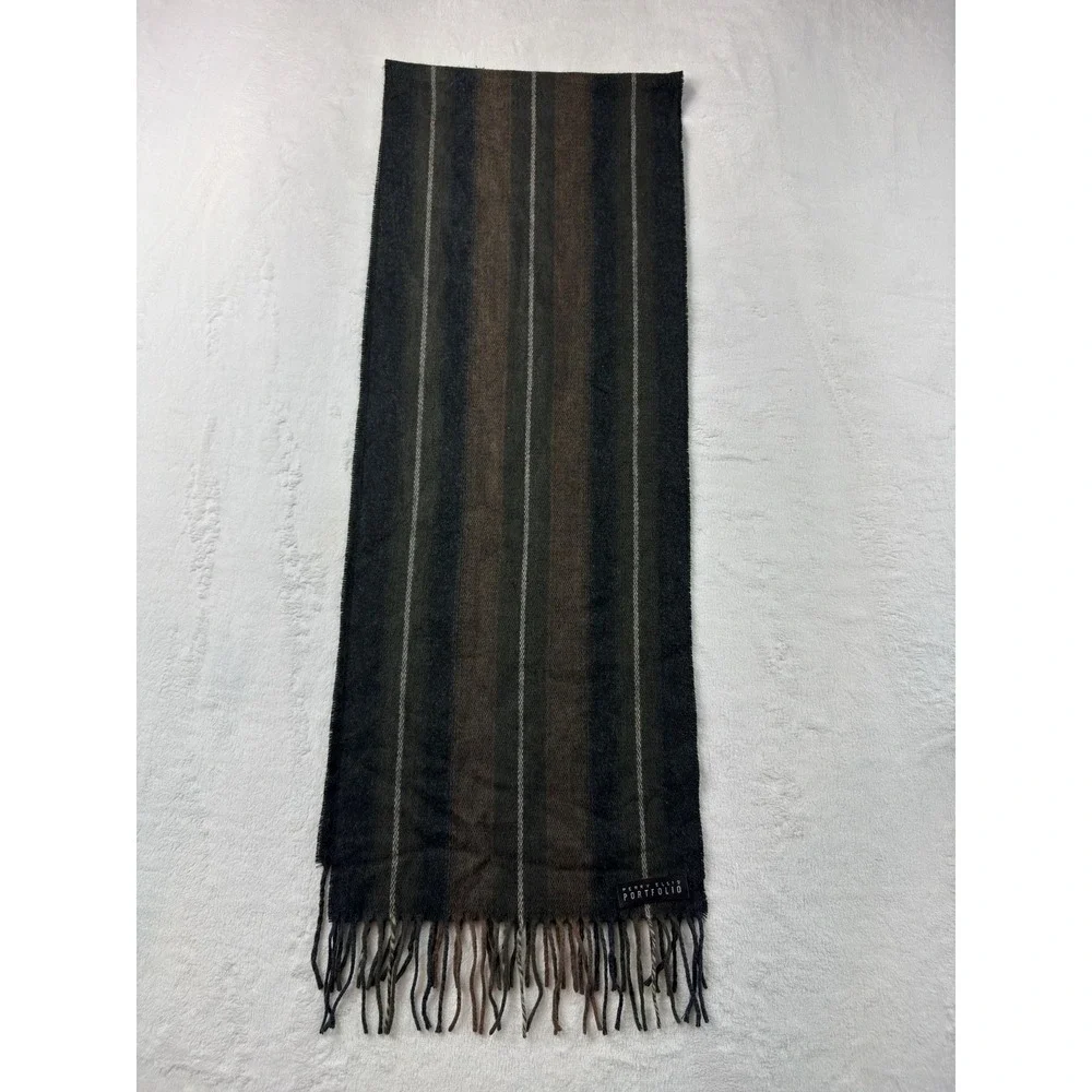 Perry Ellis Portfolio Scarf Mens One Size Brown Striped Fringe Winter Warm